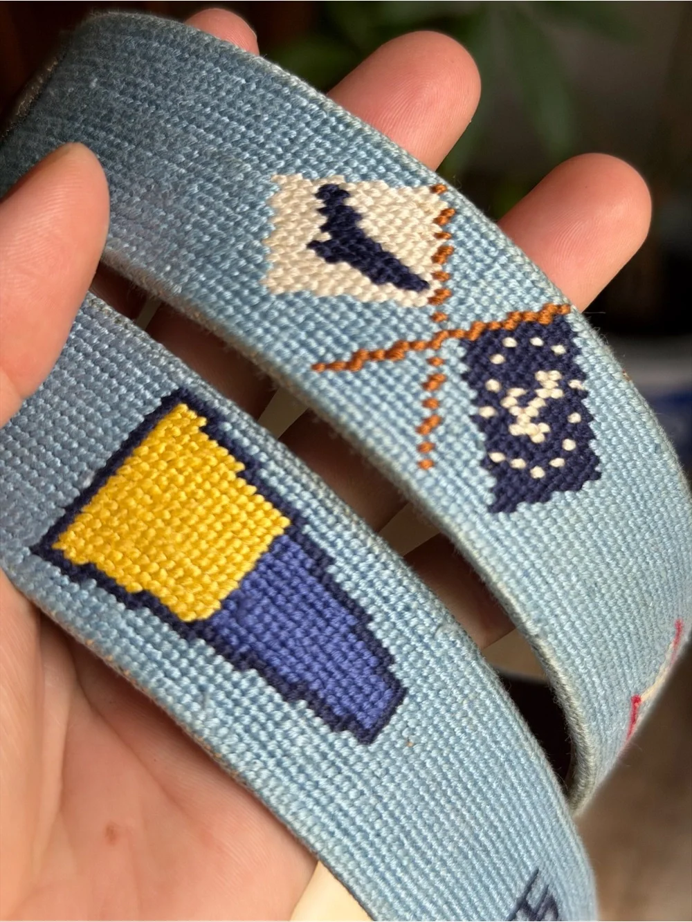 Light Blue Embroidered Needlepoint Leather-Trim Belt